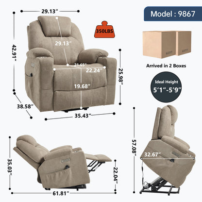 Up to 350 LBS polyester Power Lift Recliner Chair, Heavy Duty Motion Mechanism with 8 - Point Vibration Massage and Lumbar Heating, USB and Type - C Ports, Stainless Steel Cup Holders, Khaki - 1st Choice Furniture Direct