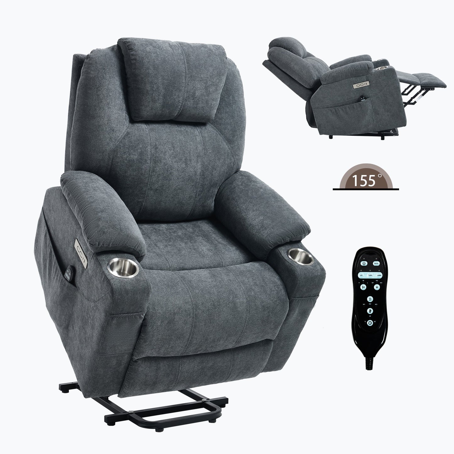 Up to 350 LBS polyester Power Lift Recliner Chair, Heavy Duty Motion Mechanism with 8 - Point Vibration Massage and Lumbar Heating, USB and Type - C Ports, Stainless Steel Cup Holders, Grey - 1st Choice Furniture Direct