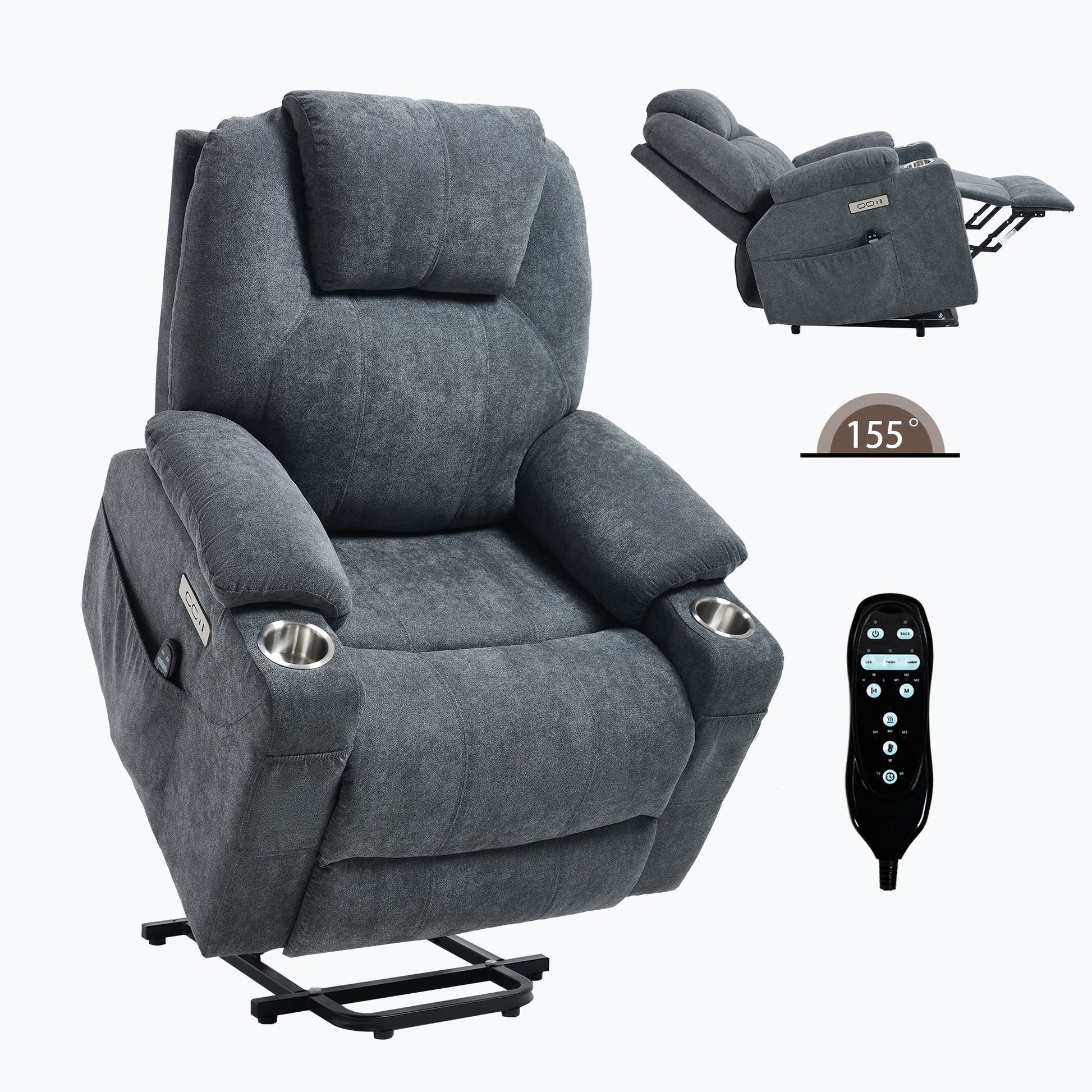 Up to 350 LBS polyester Power Lift Recliner Chair, Heavy Duty Motion Mechanism with 8 - Point Vibration Massage and Lumbar Heating, USB and Type - C Ports, Stainless Steel Cup Holders, Grey - 1st Choice Furniture Direct