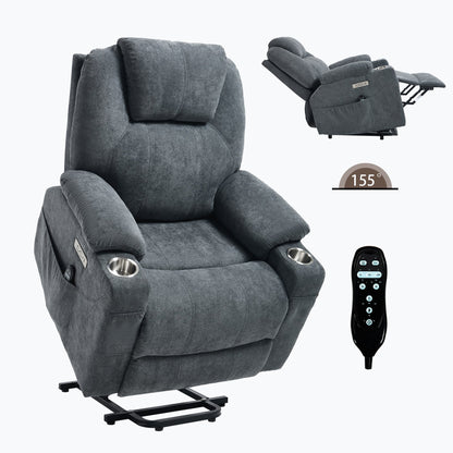 Up to 350 LBS polyester Power Lift Recliner Chair, Heavy Duty Motion Mechanism with 8 - Point Vibration Massage and Lumbar Heating, USB and Type - C Ports, Stainless Steel Cup Holders, Grey - 1st Choice Furniture Direct