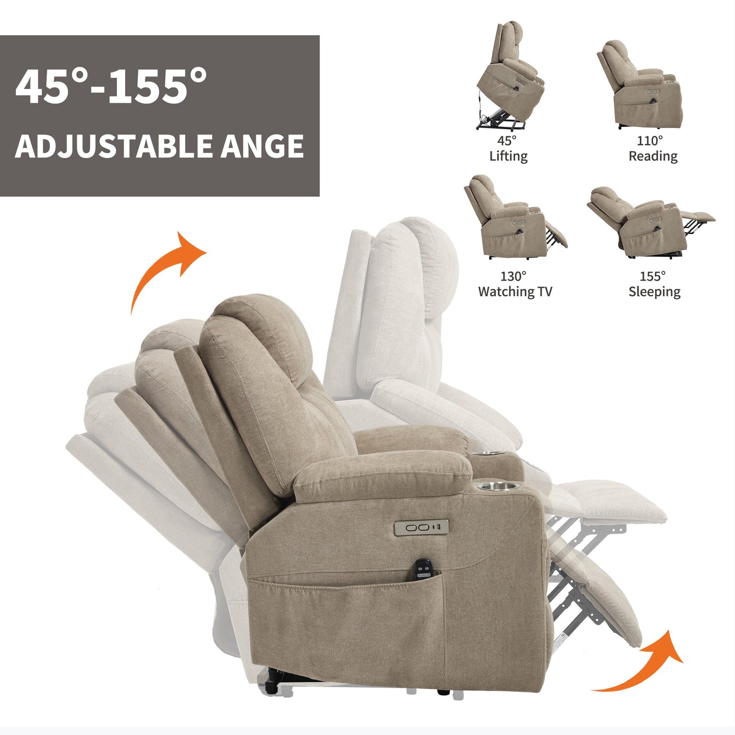 Up to 350 LBS polyester Power Lift Recliner Chair, Heavy Duty Motion Mechanism with 8 - Point Vibration Massage and Lumbar Heating, USB and Type - C Ports, Stainless Steel Cup Holders, Khaki - 1st Choice Furniture Direct