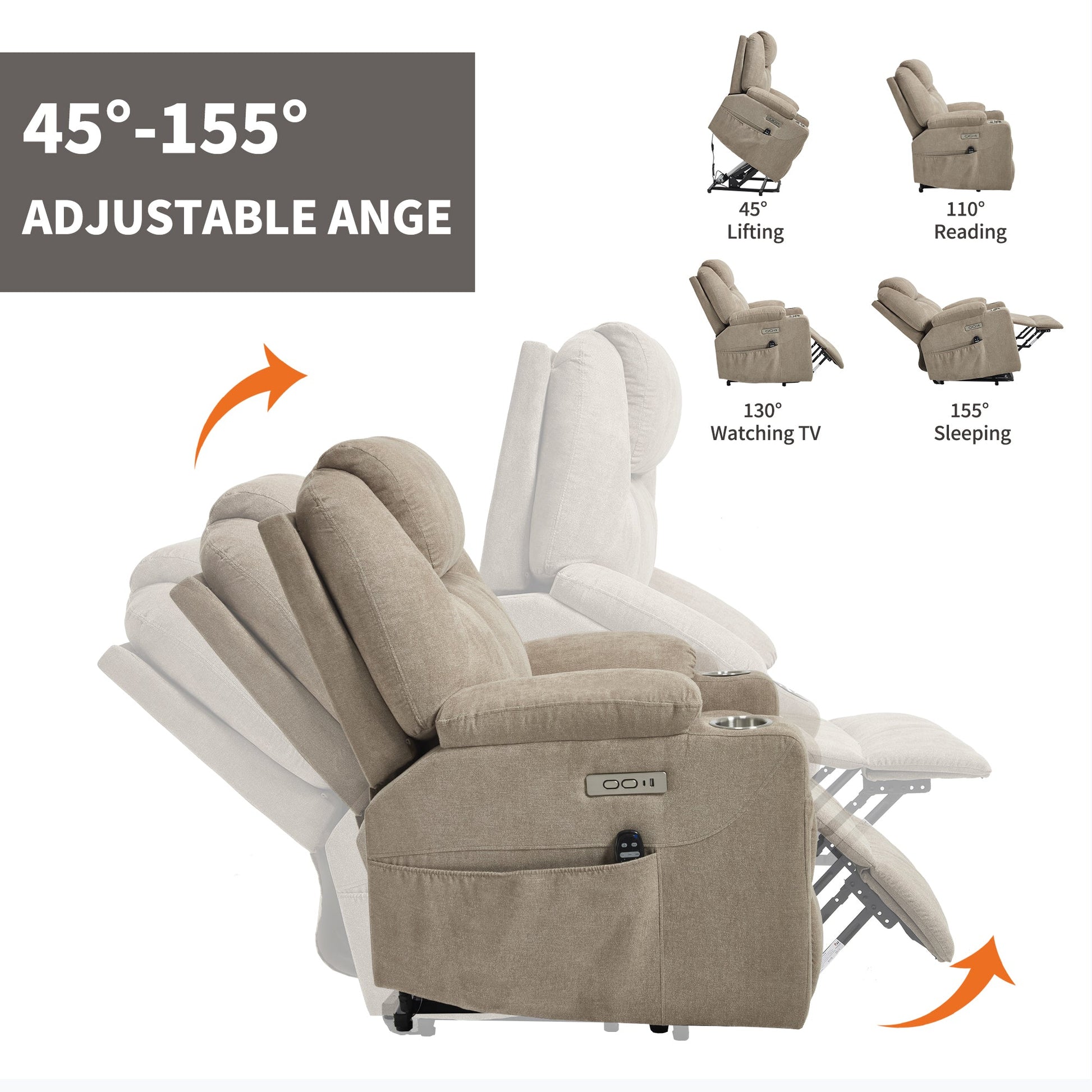Up to 350 LBS polyester Power Lift Recliner Chair, Heavy Duty Motion Mechanism with 8 - Point Vibration Massage and Lumbar Heating, USB and Type - C Ports, Stainless Steel Cup Holders, Khaki - 1st Choice Furniture Direct