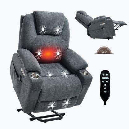 Up to 350 LBS polyester Power Lift Recliner Chair, Heavy Duty Motion Mechanism with 8 - Point Vibration Massage and Lumbar Heating, USB and Type - C Ports, Stainless Steel Cup Holders, Grey - 1st Choice Furniture Direct