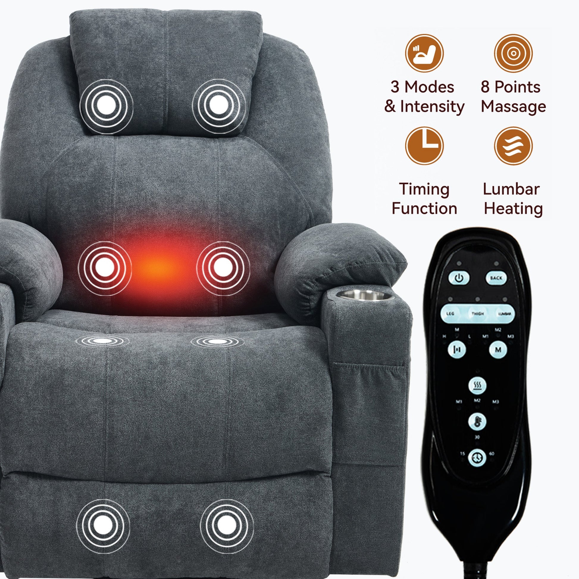 Up to 350 LBS polyester Power Lift Recliner Chair, Heavy Duty Motion Mechanism with 8 - Point Vibration Massage and Lumbar Heating, USB and Type - C Ports, Stainless Steel Cup Holders, Grey - 1st Choice Furniture Direct
