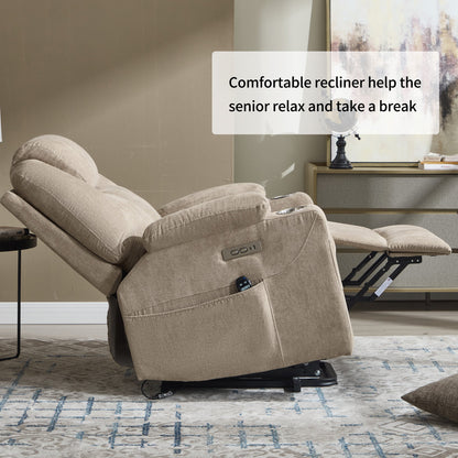Up to 350 LBS polyester Power Lift Recliner Chair, Heavy Duty Motion Mechanism with 8 - Point Vibration Massage and Lumbar Heating, USB and Type - C Ports, Stainless Steel Cup Holders, Khaki - 1st Choice Furniture Direct