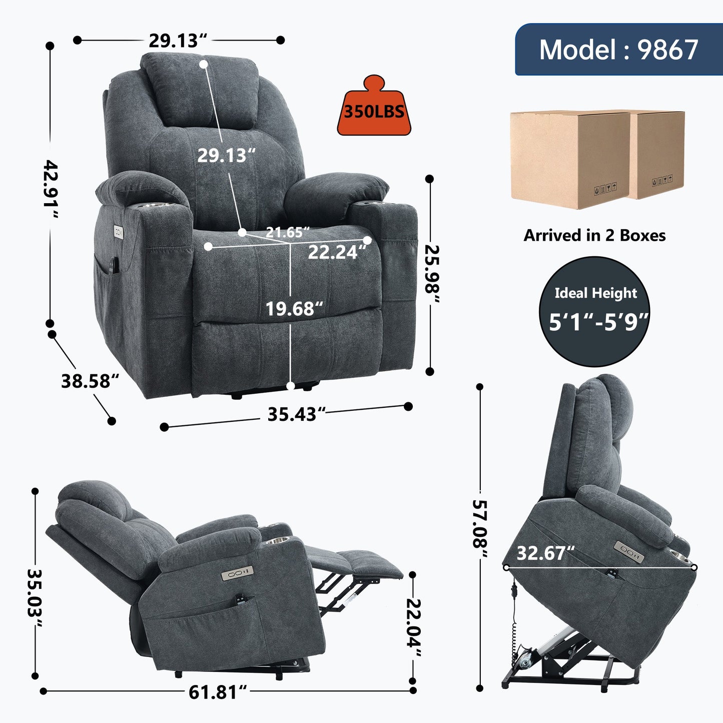 Up to 350 LBS polyester Power Lift Recliner Chair, Heavy Duty Motion Mechanism with 8 - Point Vibration Massage and Lumbar Heating, USB and Type - C Ports, Stainless Steel Cup Holders, Grey - 1st Choice Furniture Direct