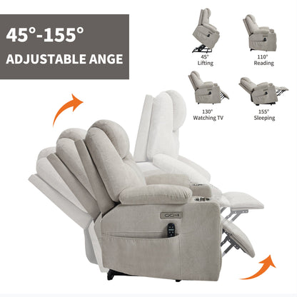 Up to 350 LBS polyester Power Lift Recliner Chair, Heavy Duty Motion Mechanism with 8 - Point Vibration Massage and Lumbar Heating, USB and Type - C Ports, Stainless Steel Cup Holders, Beige - 1st Choice Furniture Direct