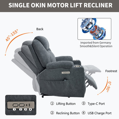 Up to 350 LBS polyester Power Lift Recliner Chair, Heavy Duty Motion Mechanism with 8 - Point Vibration Massage and Lumbar Heating, USB and Type - C Ports, Stainless Steel Cup Holders, Grey - 1st Choice Furniture Direct