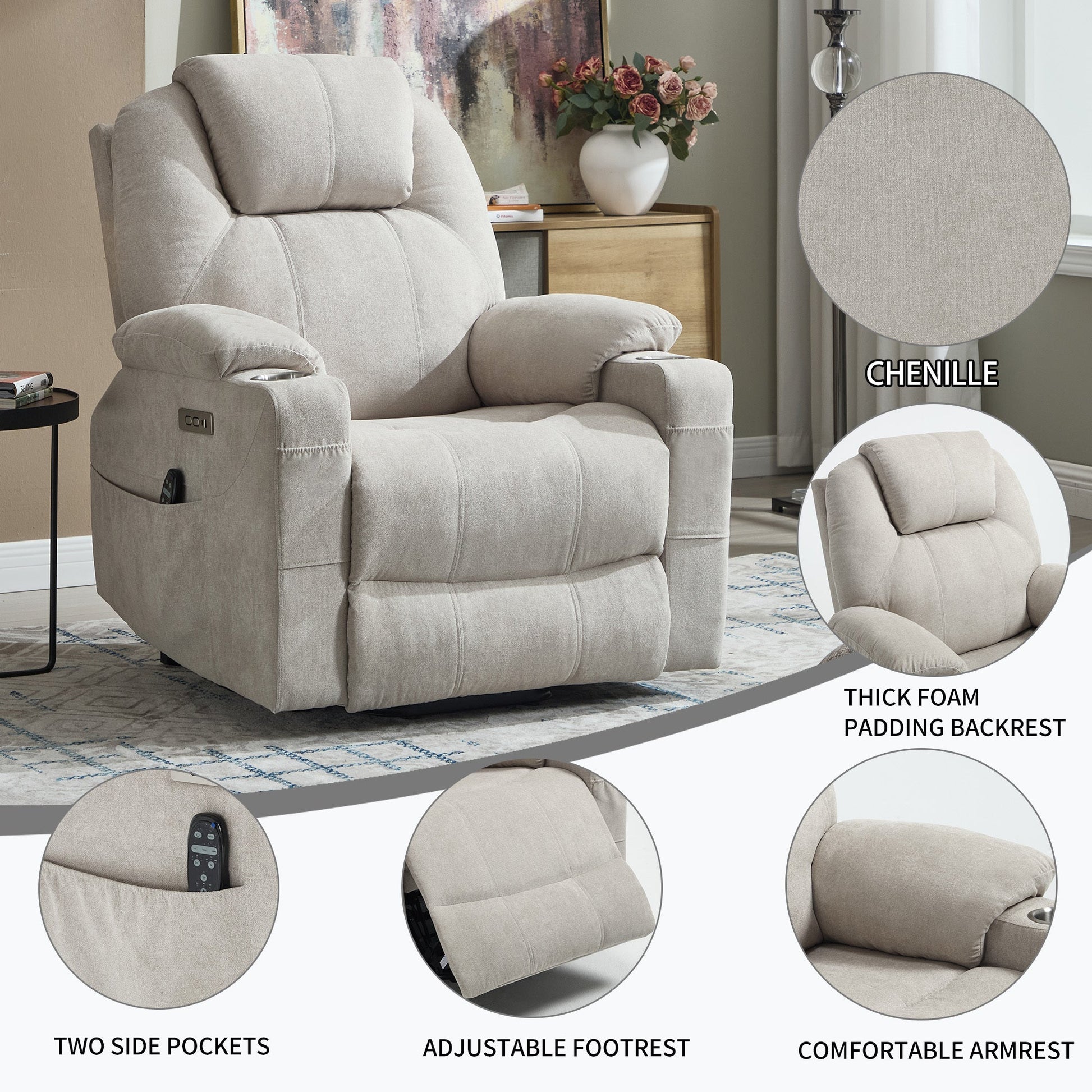 Up to 350 LBS polyester Power Lift Recliner Chair, Heavy Duty Motion Mechanism with 8 - Point Vibration Massage and Lumbar Heating, USB and Type - C Ports, Stainless Steel Cup Holders, Beige - 1st Choice Furniture Direct