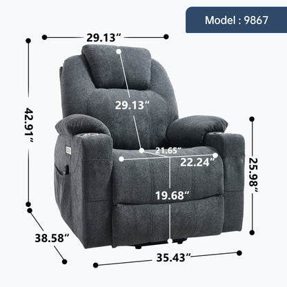 Up to 350 LBS polyester Power Lift Recliner Chair, Heavy Duty Motion Mechanism with 8 - Point Vibration Massage and Lumbar Heating, USB and Type - C Ports, Stainless Steel Cup Holders, Grey - 1st Choice Furniture Direct