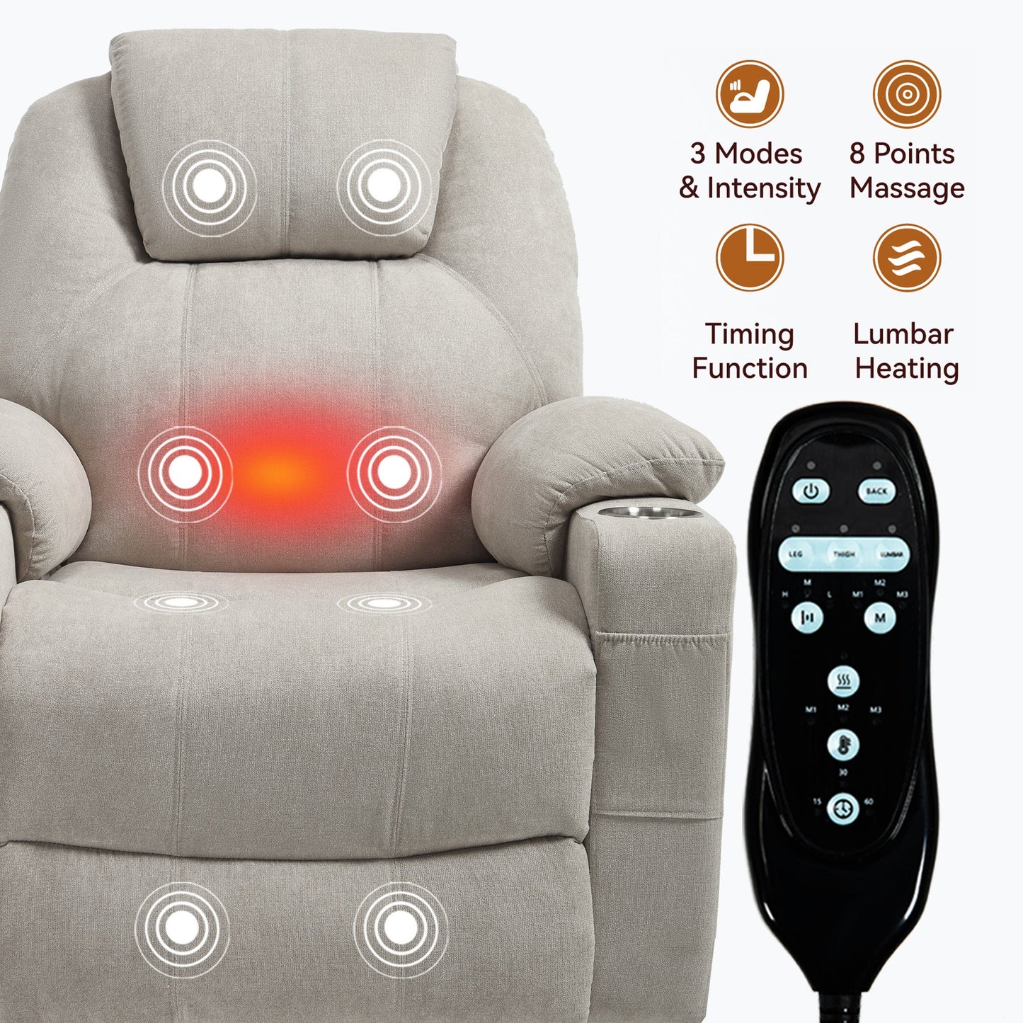 Up to 350 LBS polyester Power Lift Recliner Chair, Heavy Duty Motion Mechanism with 8 - Point Vibration Massage and Lumbar Heating, USB and Type - C Ports, Stainless Steel Cup Holders, Beige - 1st Choice Furniture Direct