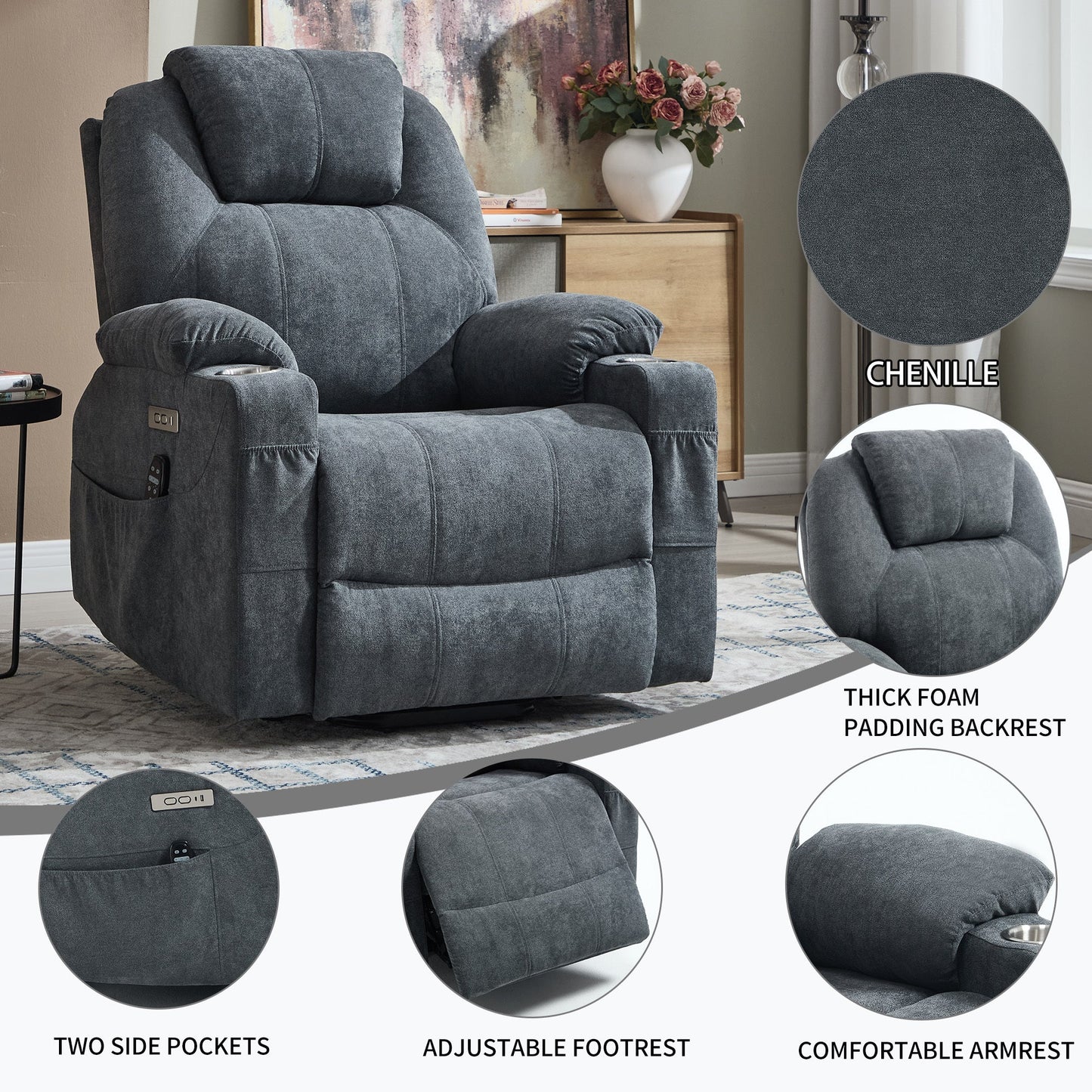 Up to 350 LBS polyester Power Lift Recliner Chair, Heavy Duty Motion Mechanism with 8 - Point Vibration Massage and Lumbar Heating, USB and Type - C Ports, Stainless Steel Cup Holders, Grey - 1st Choice Furniture Direct