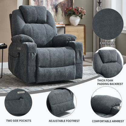 Up to 350 LBS polyester Power Lift Recliner Chair, Heavy Duty Motion Mechanism with 8 - Point Vibration Massage and Lumbar Heating, USB and Type - C Ports, Stainless Steel Cup Holders, Grey - 1st Choice Furniture Direct