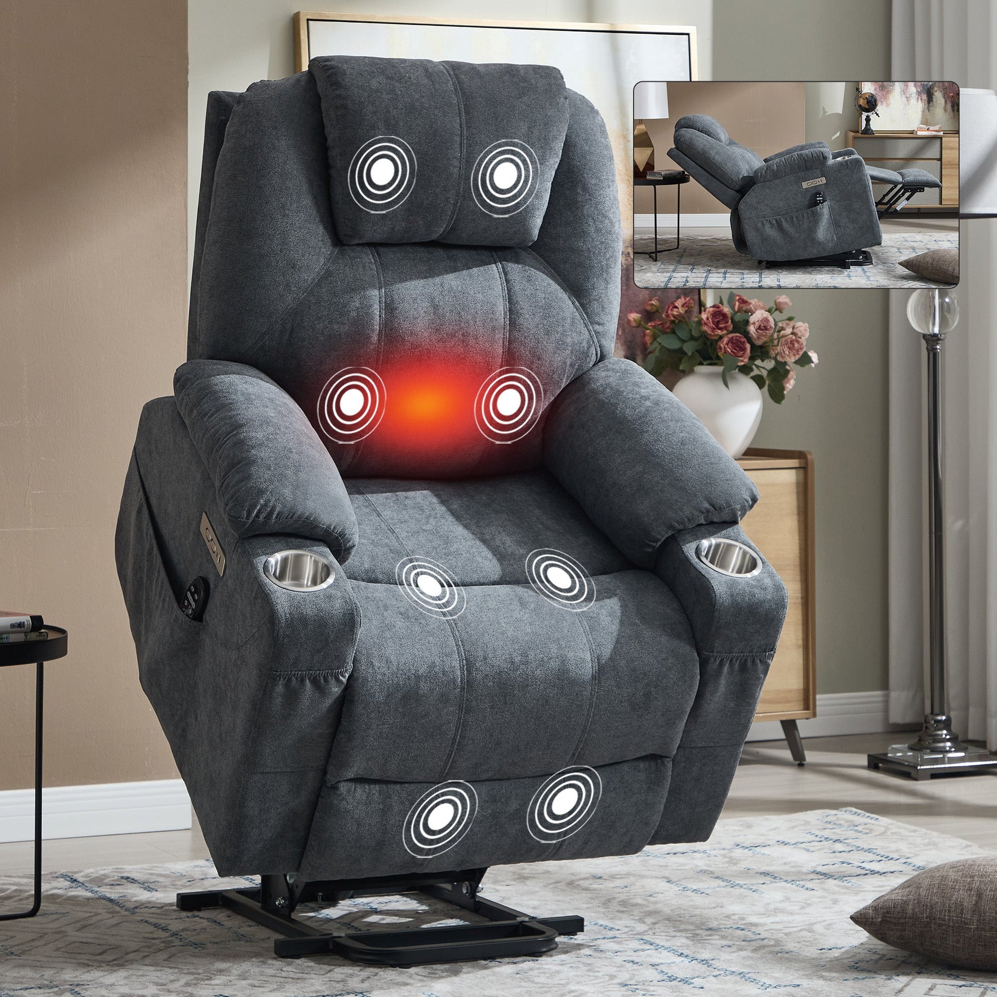 Up to 350 LBS polyester Power Lift Recliner Chair, Heavy Duty Motion Mechanism with 8 - Point Vibration Massage and Lumbar Heating, USB and Type - C Ports, Stainless Steel Cup Holders, Grey - 1st Choice Furniture Direct