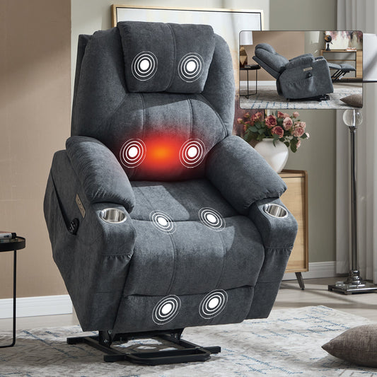 Up to 350 LBS polyester Power Lift Recliner Chair, Heavy Duty Motion Mechanism with 8 - Point Vibration Massage and Lumbar Heating, USB and Type - C Ports, Stainless Steel Cup Holders, Grey - 1st Choice Furniture Direct