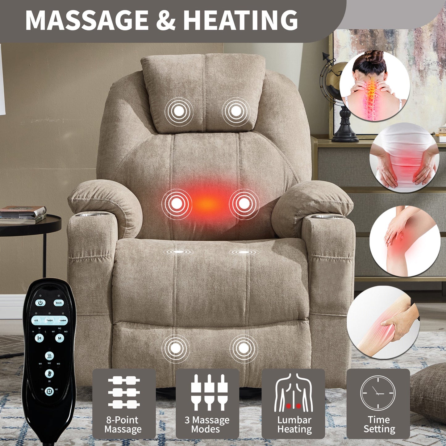 Up to 350 LBS polyester Power Lift Recliner Chair, Heavy Duty Motion Mechanism with 8 - Point Vibration Massage and Lumbar Heating, USB and Type - C Ports, Stainless Steel Cup Holders, Khaki - 1st Choice Furniture Direct