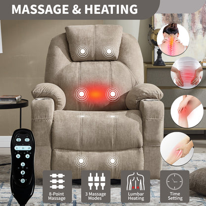 Up to 350 LBS polyester Power Lift Recliner Chair, Heavy Duty Motion Mechanism with 8 - Point Vibration Massage and Lumbar Heating, USB and Type - C Ports, Stainless Steel Cup Holders, Khaki - 1st Choice Furniture Direct