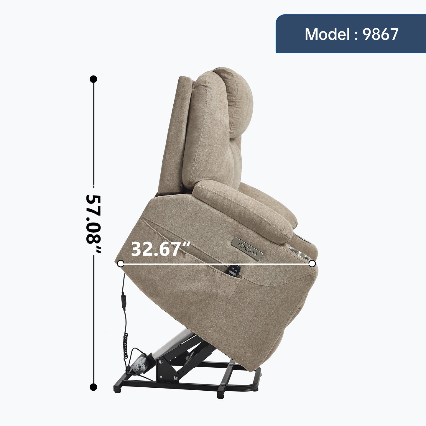 Up to 350 LBS polyester Power Lift Recliner Chair, Heavy Duty Motion Mechanism with 8 - Point Vibration Massage and Lumbar Heating, USB and Type - C Ports, Stainless Steel Cup Holders, Khaki - 1st Choice Furniture Direct