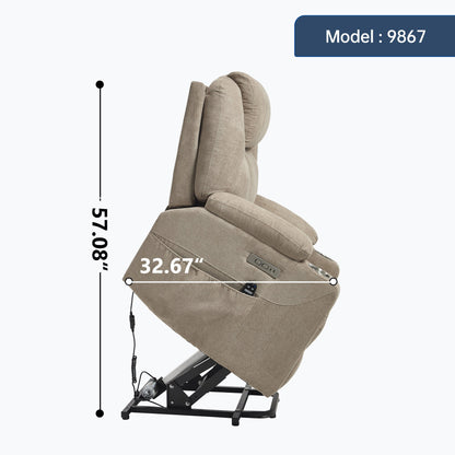 Up to 350 LBS polyester Power Lift Recliner Chair, Heavy Duty Motion Mechanism with 8 - Point Vibration Massage and Lumbar Heating, USB and Type - C Ports, Stainless Steel Cup Holders, Khaki - 1st Choice Furniture Direct
