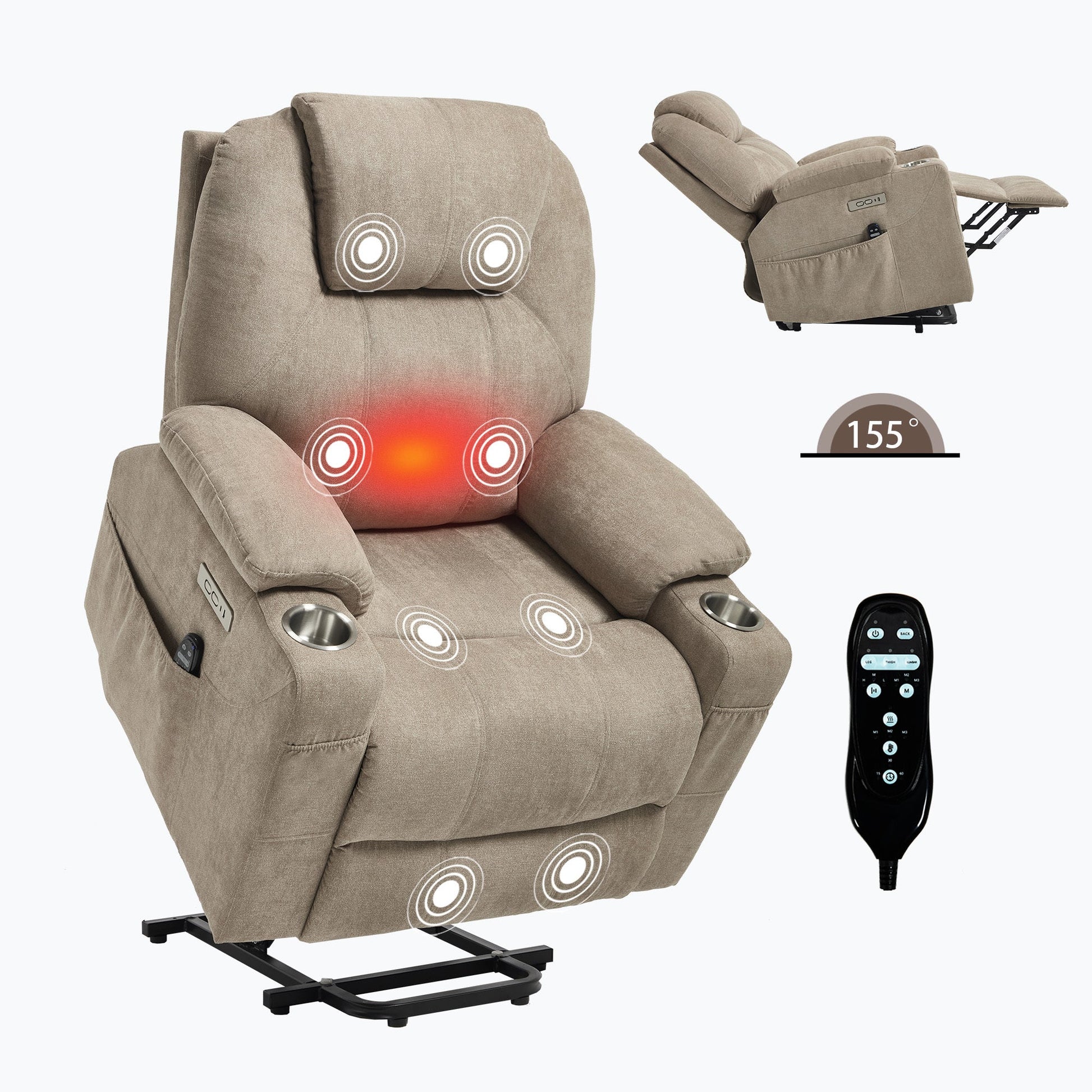Up to 350 LBS polyester Power Lift Recliner Chair, Heavy Duty Motion Mechanism with 8 - Point Vibration Massage and Lumbar Heating, USB and Type - C Ports, Stainless Steel Cup Holders, Khaki - 1st Choice Furniture Direct