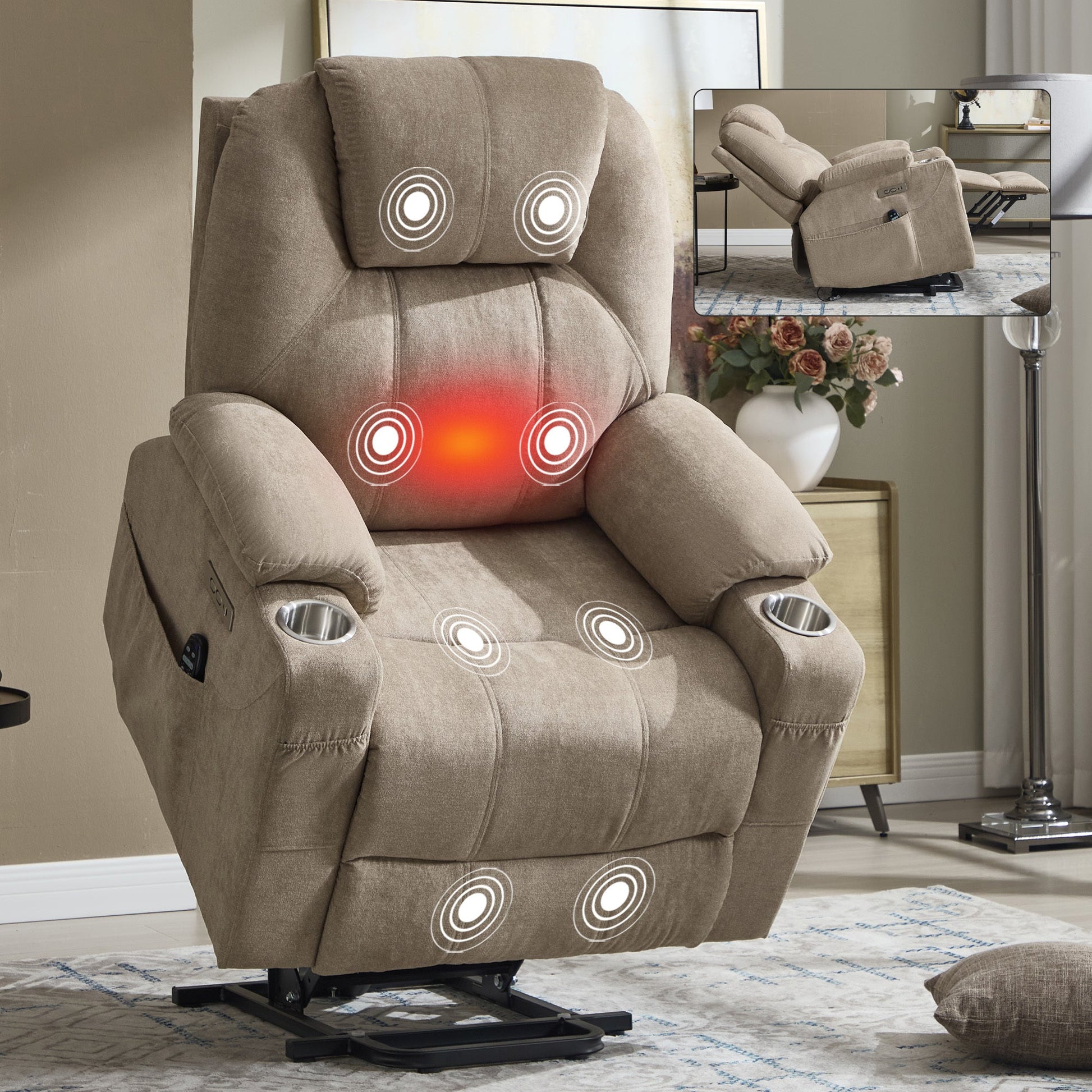 Up to 350 LBS polyester Power Lift Recliner Chair, Heavy Duty Motion Mechanism with 8 - Point Vibration Massage and Lumbar Heating, USB and Type - C Ports, Stainless Steel Cup Holders, Khaki - 1st Choice Furniture Direct