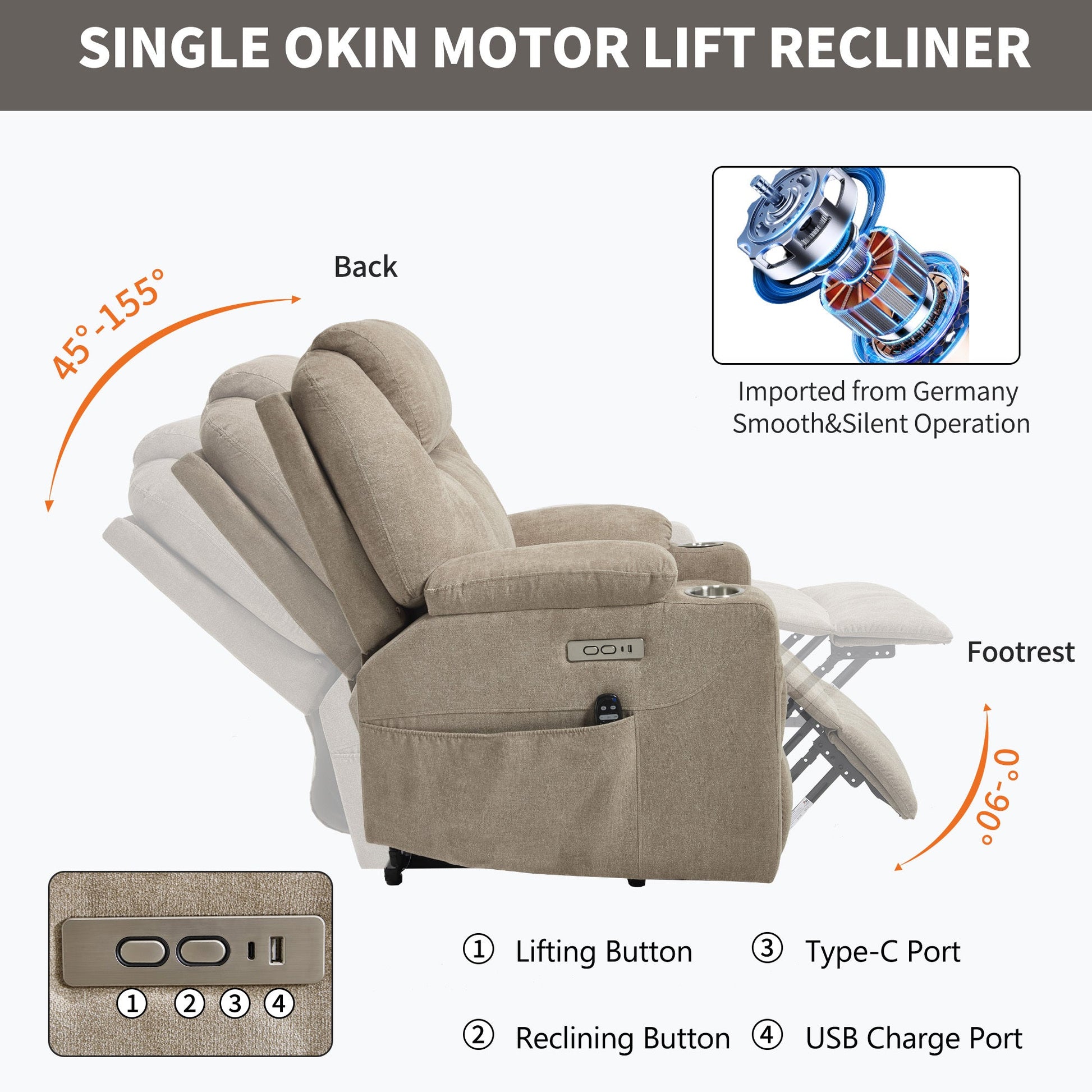 Up to 350 LBS polyester Power Lift Recliner Chair, Heavy Duty Motion Mechanism with 8 - Point Vibration Massage and Lumbar Heating, USB and Type - C Ports, Stainless Steel Cup Holders, Khaki - 1st Choice Furniture Direct