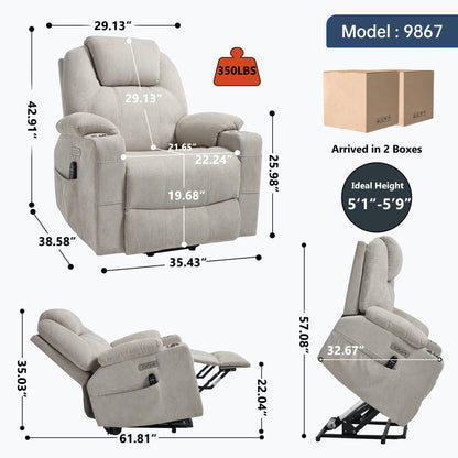 Up to 350 LBS polyester Power Lift Recliner Chair, Heavy Duty Motion Mechanism with 8 - Point Vibration Massage and Lumbar Heating, USB and Type - C Ports, Stainless Steel Cup Holders, Beige - 1st Choice Furniture Direct