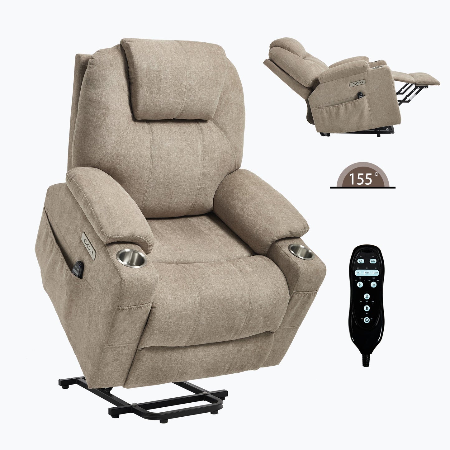 Up to 350 LBS polyester Power Lift Recliner Chair, Heavy Duty Motion Mechanism with 8 - Point Vibration Massage and Lumbar Heating, USB and Type - C Ports, Stainless Steel Cup Holders, Khaki - 1st Choice Furniture Direct