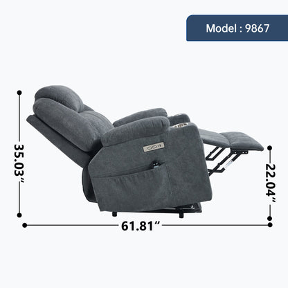 Up to 350 LBS polyester Power Lift Recliner Chair, Heavy Duty Motion Mechanism with 8 - Point Vibration Massage and Lumbar Heating, USB and Type - C Ports, Stainless Steel Cup Holders, Grey - 1st Choice Furniture Direct