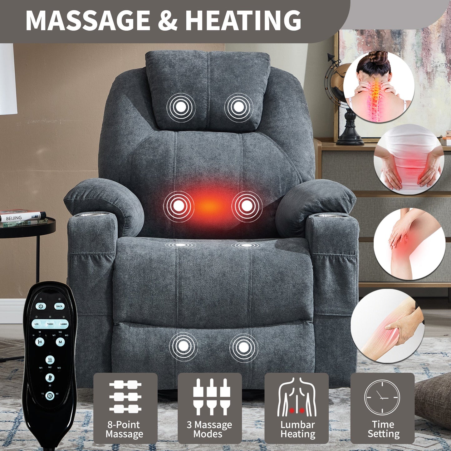 Up to 350 LBS polyester Power Lift Recliner Chair, Heavy Duty Motion Mechanism with 8 - Point Vibration Massage and Lumbar Heating, USB and Type - C Ports, Stainless Steel Cup Holders, Grey - 1st Choice Furniture Direct