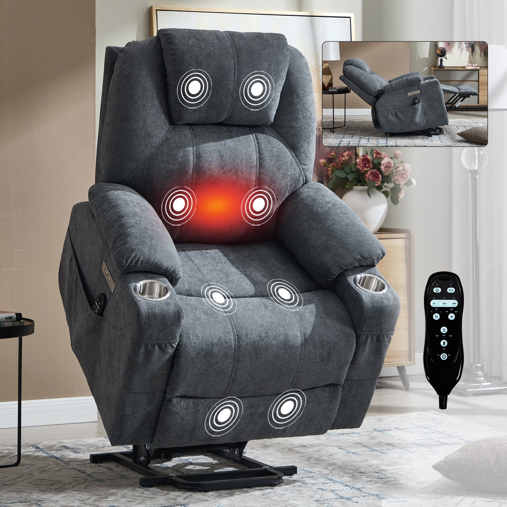 Up to 350 LBS polyester Power Lift Recliner Chair, Heavy Duty Motion Mechanism with 8 - Point Vibration Massage and Lumbar Heating, USB and Type - C Ports, Stainless Steel Cup Holders, Grey - 1st Choice Furniture Direct