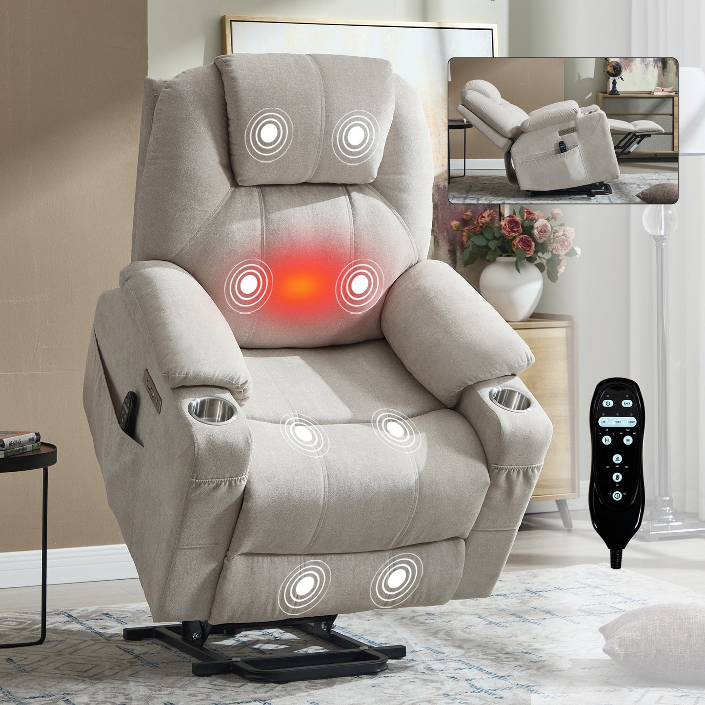 Up to 350 LBS polyester Power Lift Recliner Chair, Heavy Duty Motion Mechanism with 8 - Point Vibration Massage and Lumbar Heating, USB and Type - C Ports, Stainless Steel Cup Holders, Beige - 1st Choice Furniture Direct
