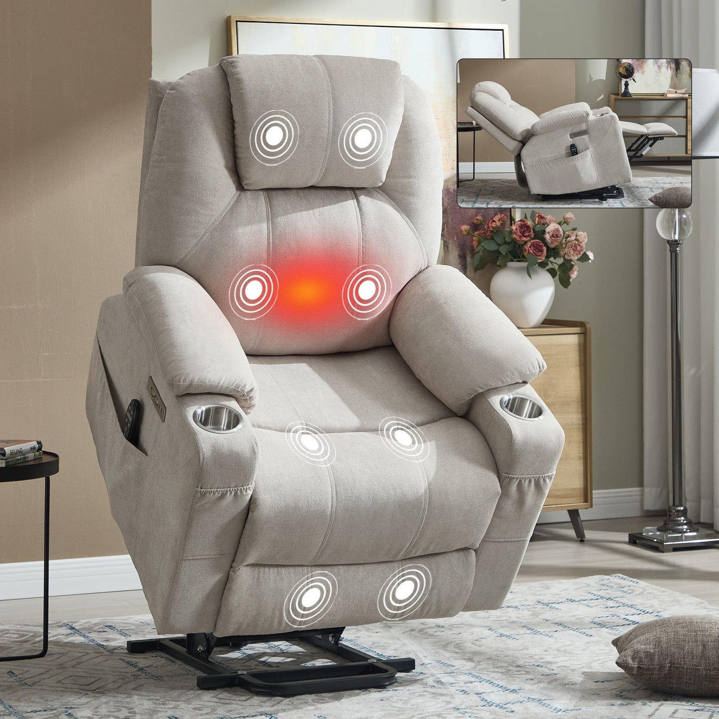 Up to 350 LBS polyester Power Lift Recliner Chair, Heavy Duty Motion Mechanism with 8 - Point Vibration Massage and Lumbar Heating, USB and Type - C Ports, Stainless Steel Cup Holders, Beige - 1st Choice Furniture Direct