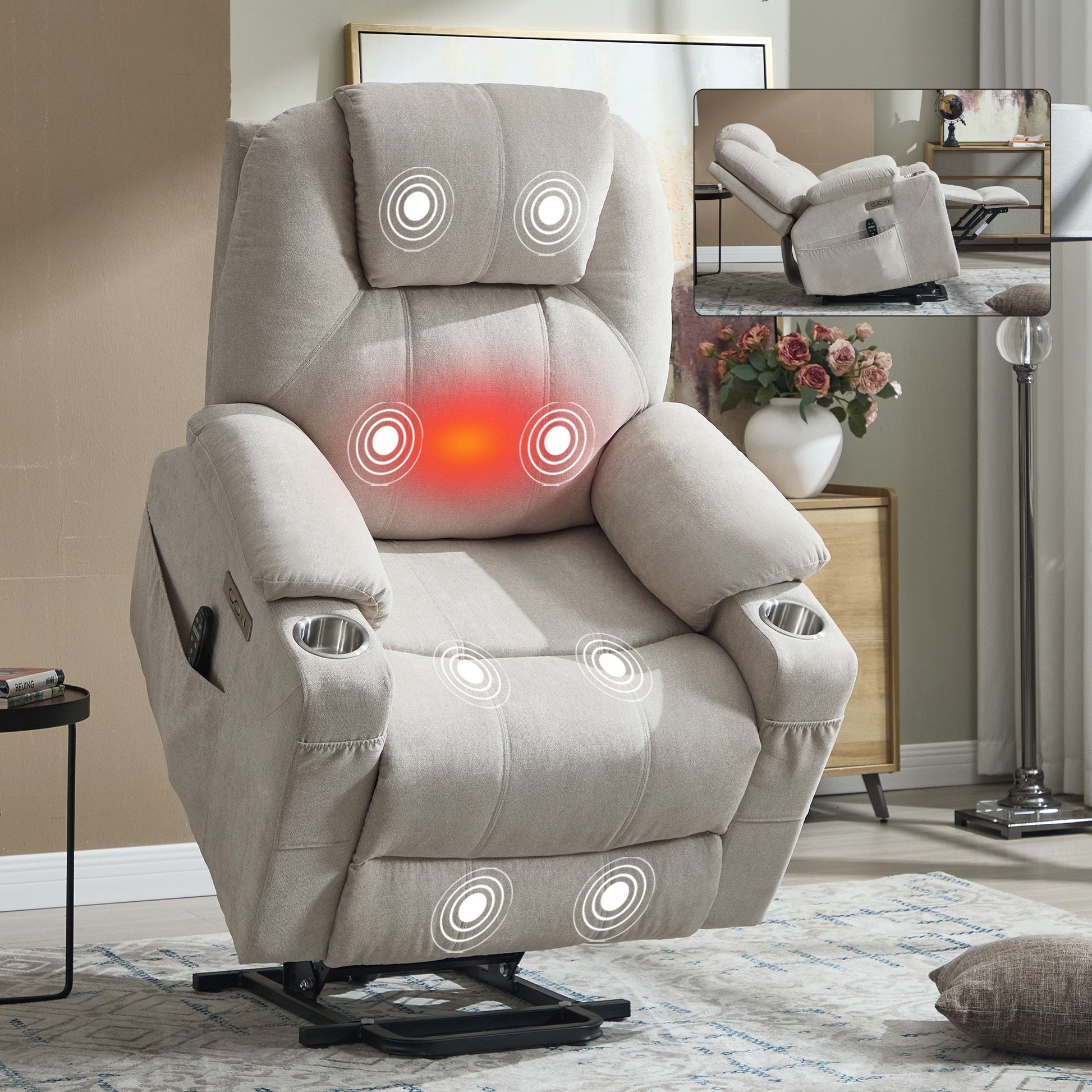 Up to 350 LBS polyester Power Lift Recliner Chair, Heavy Duty Motion Mechanism with 8 - Point Vibration Massage and Lumbar Heating, USB and Type - C Ports, Stainless Steel Cup Holders, Beige - 1st Choice Furniture Direct