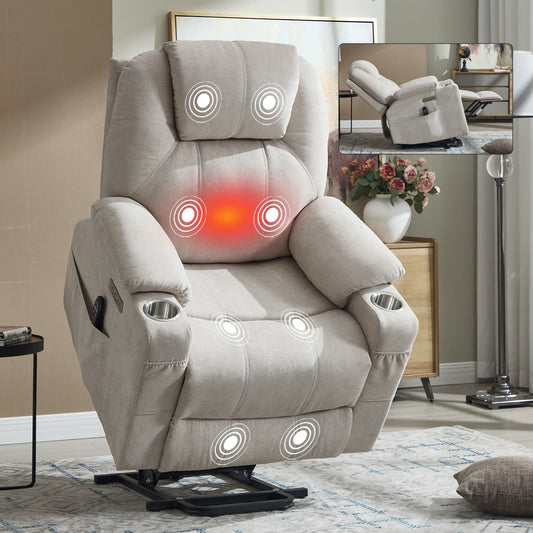 Up to 350 LBS polyester Power Lift Recliner Chair, Heavy Duty Motion Mechanism with 8 - Point Vibration Massage and Lumbar Heating, USB and Type - C Ports, Stainless Steel Cup Holders, Beige - 1st Choice Furniture Direct