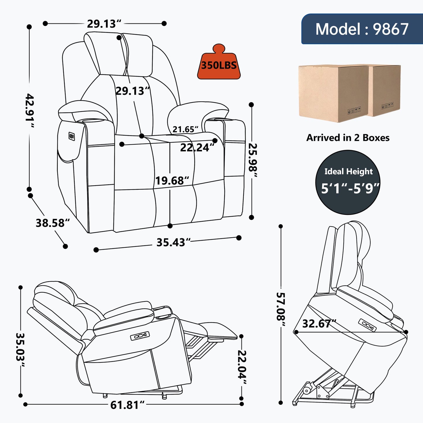 Up to 350 LBS polyester Power Lift Recliner Chair, Heavy Duty Motion Mechanism with 8 - Point Vibration Massage and Lumbar Heating, USB and Type - C Ports, Stainless Steel Cup Holders, Grey - 1st Choice Furniture Direct