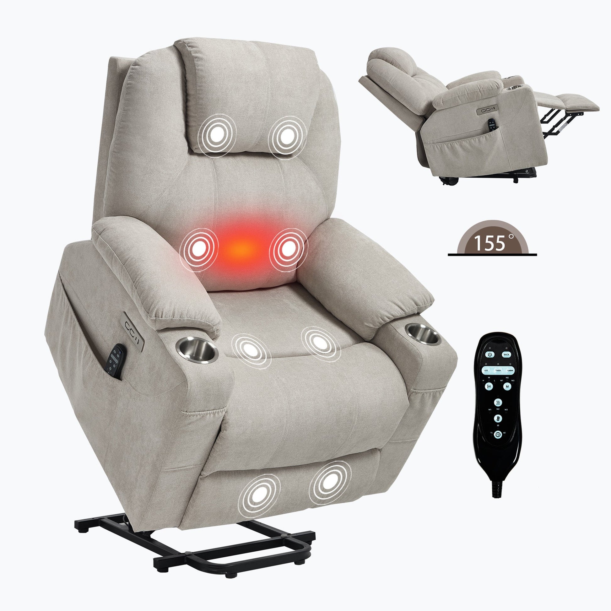 Up to 350 LBS polyester Power Lift Recliner Chair, Heavy Duty Motion Mechanism with 8 - Point Vibration Massage and Lumbar Heating, USB and Type - C Ports, Stainless Steel Cup Holders, Beige - 1st Choice Furniture Direct