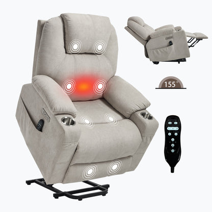 Up to 350 LBS polyester Power Lift Recliner Chair, Heavy Duty Motion Mechanism with 8 - Point Vibration Massage and Lumbar Heating, USB and Type - C Ports, Stainless Steel Cup Holders, Beige - 1st Choice Furniture Direct