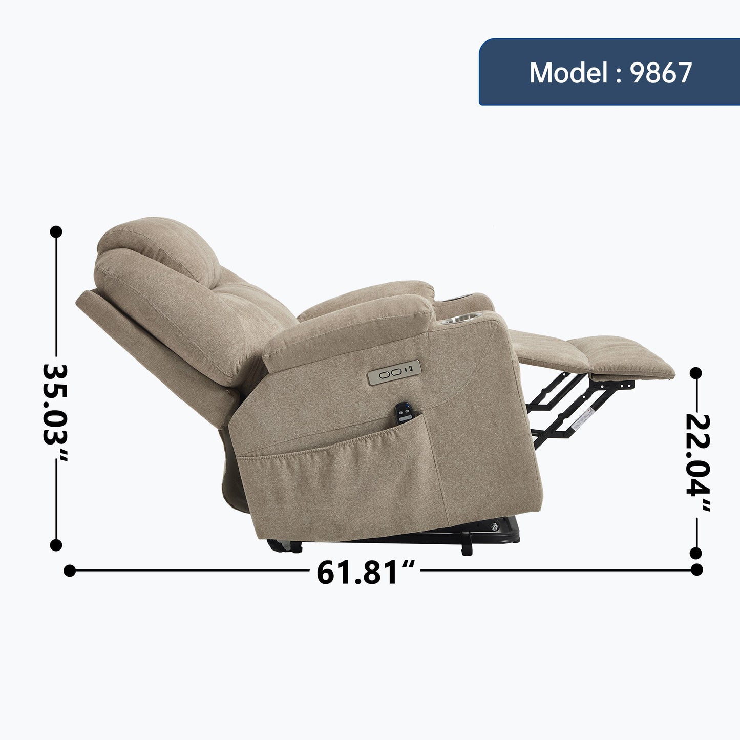 Up to 350 LBS polyester Power Lift Recliner Chair, Heavy Duty Motion Mechanism with 8 - Point Vibration Massage and Lumbar Heating, USB and Type - C Ports, Stainless Steel Cup Holders, Khaki - 1st Choice Furniture Direct