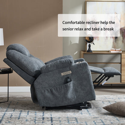 Up to 350 LBS polyester Power Lift Recliner Chair, Heavy Duty Motion Mechanism with 8 - Point Vibration Massage and Lumbar Heating, USB and Type - C Ports, Stainless Steel Cup Holders, Grey - 1st Choice Furniture Direct