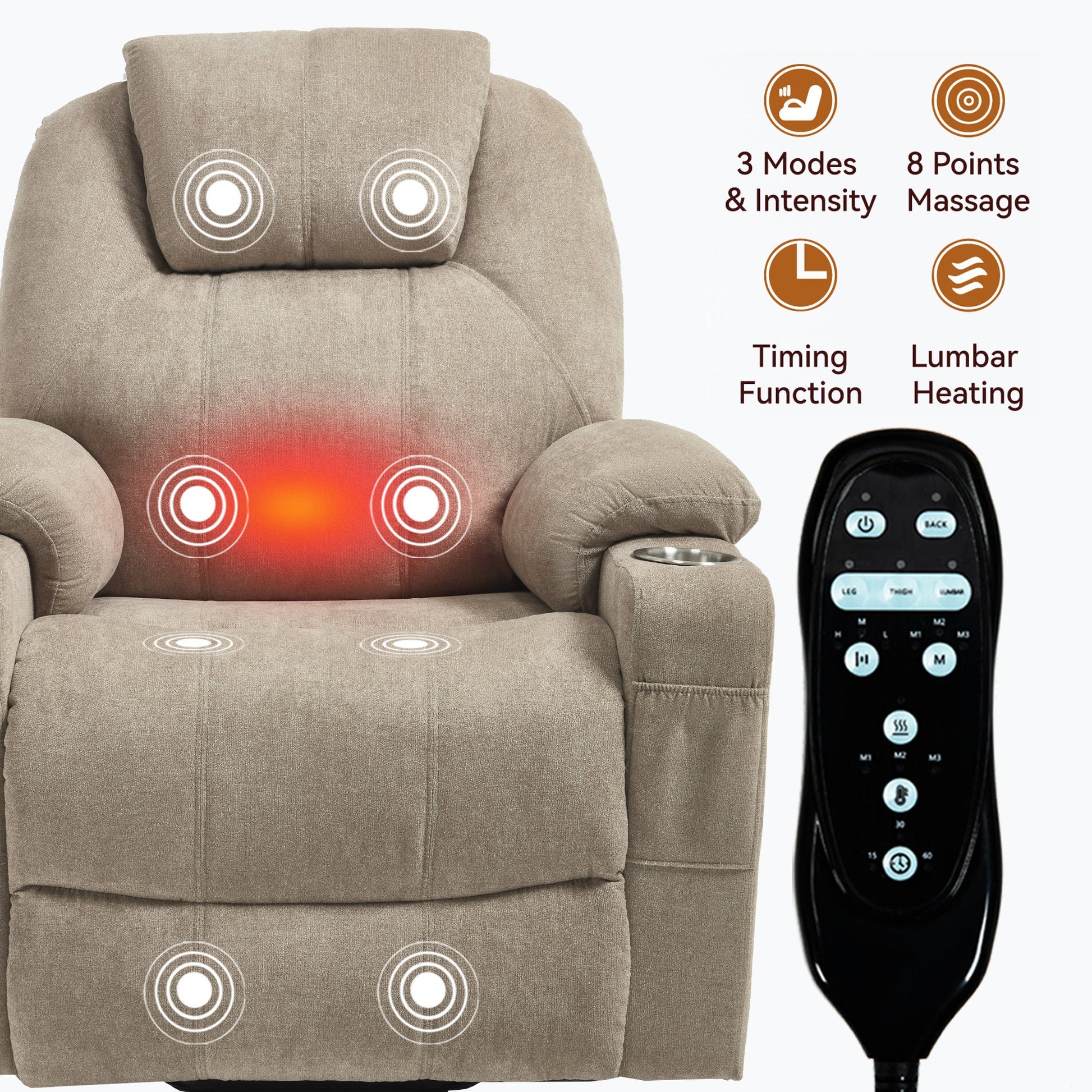 Up to 350 LBS polyester Power Lift Recliner Chair, Heavy Duty Motion Mechanism with 8 - Point Vibration Massage and Lumbar Heating, USB and Type - C Ports, Stainless Steel Cup Holders, Khaki - 1st Choice Furniture Direct