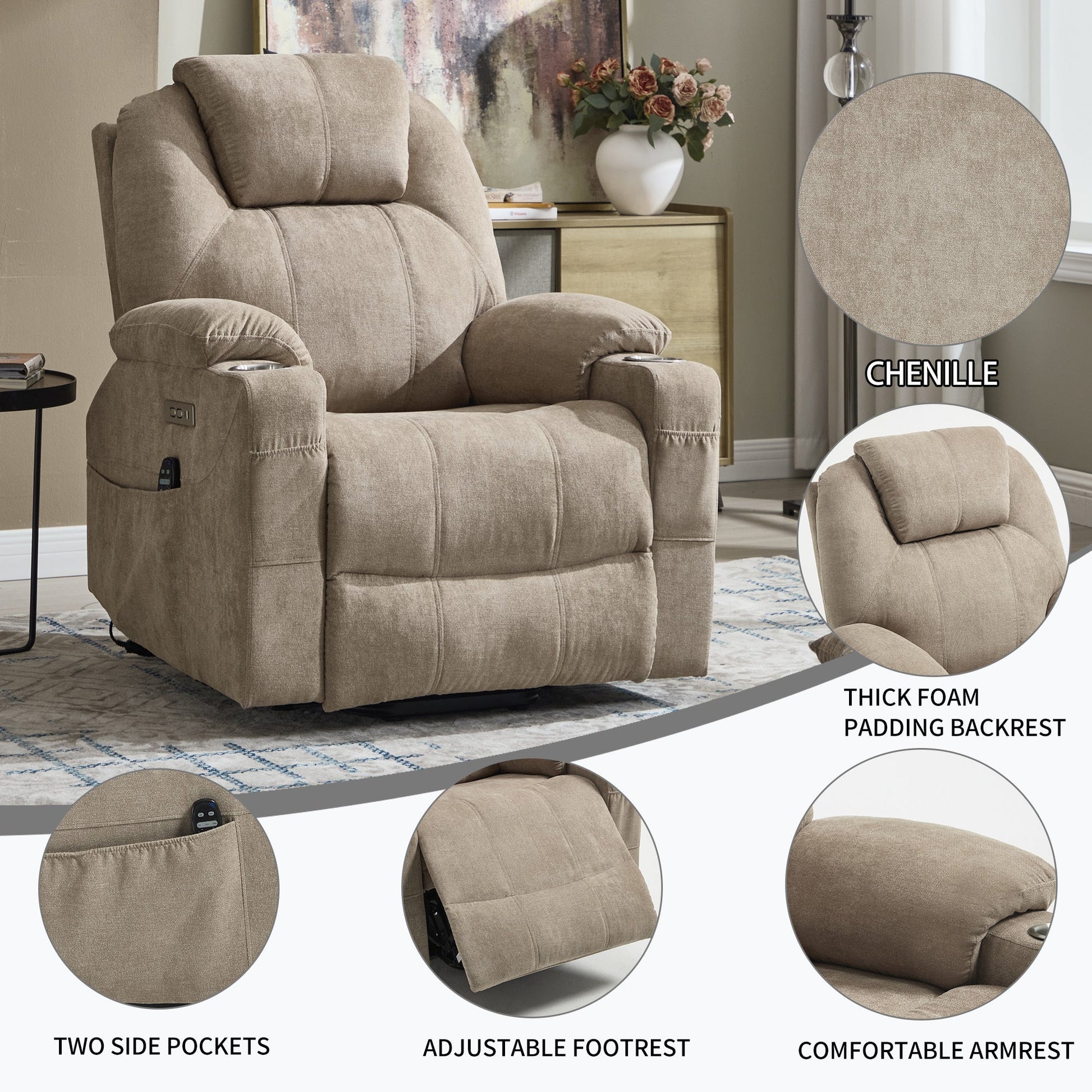 Up to 350 LBS polyester Power Lift Recliner Chair, Heavy Duty Motion Mechanism with 8 - Point Vibration Massage and Lumbar Heating, USB and Type - C Ports, Stainless Steel Cup Holders, Khaki - 1st Choice Furniture Direct