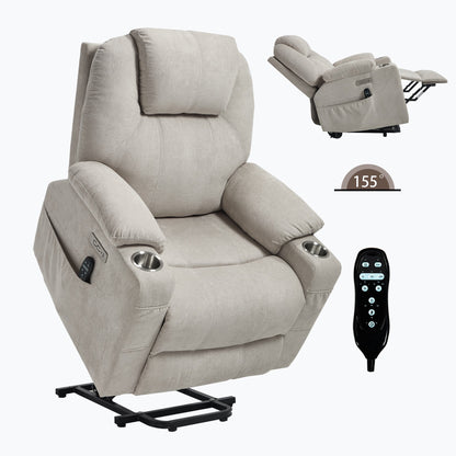 Up to 350 LBS polyester Power Lift Recliner Chair, Heavy Duty Motion Mechanism with 8 - Point Vibration Massage and Lumbar Heating, USB and Type - C Ports, Stainless Steel Cup Holders, Beige - 1st Choice Furniture Direct