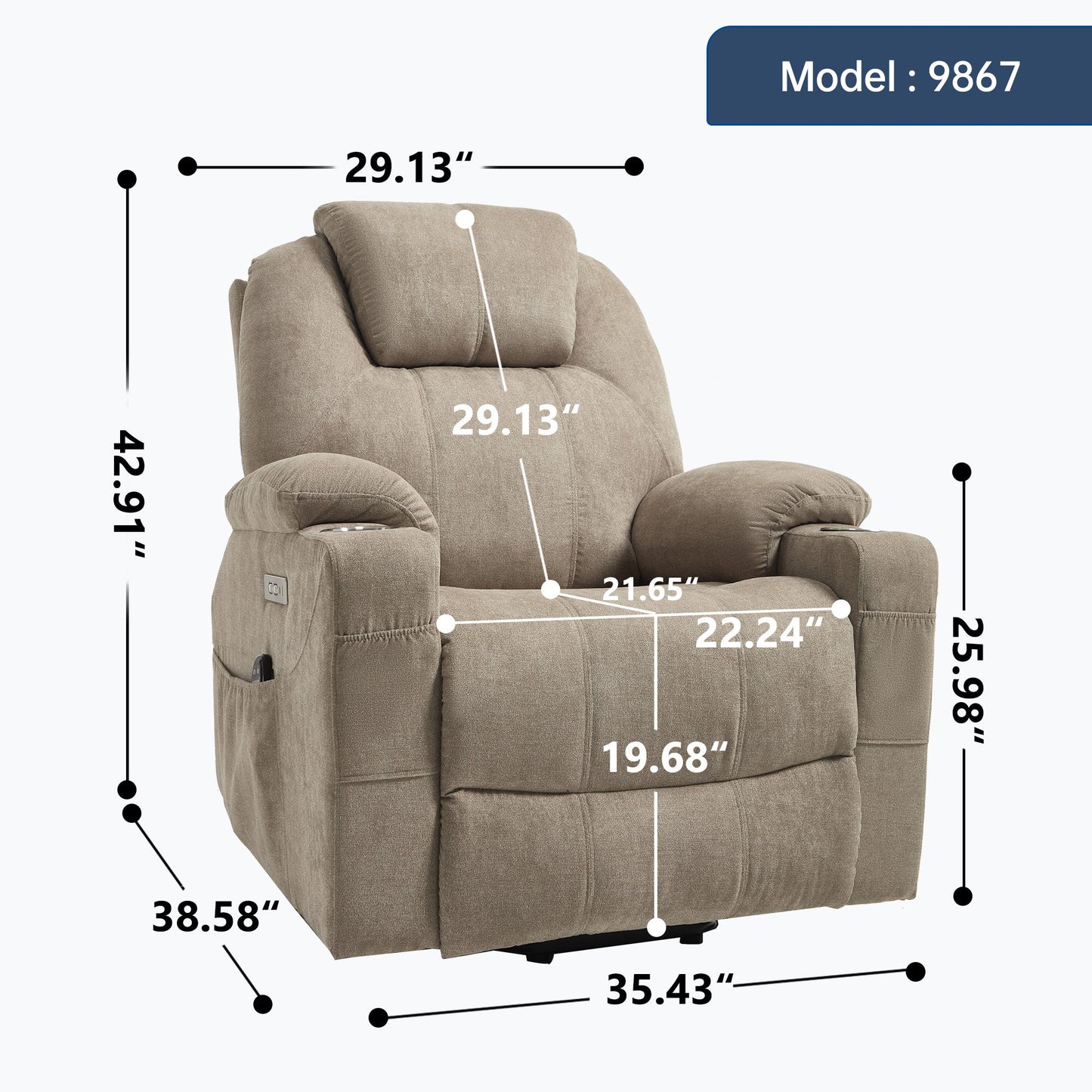 Up to 350 LBS polyester Power Lift Recliner Chair, Heavy Duty Motion Mechanism with 8 - Point Vibration Massage and Lumbar Heating, USB and Type - C Ports, Stainless Steel Cup Holders, Khaki - 1st Choice Furniture Direct