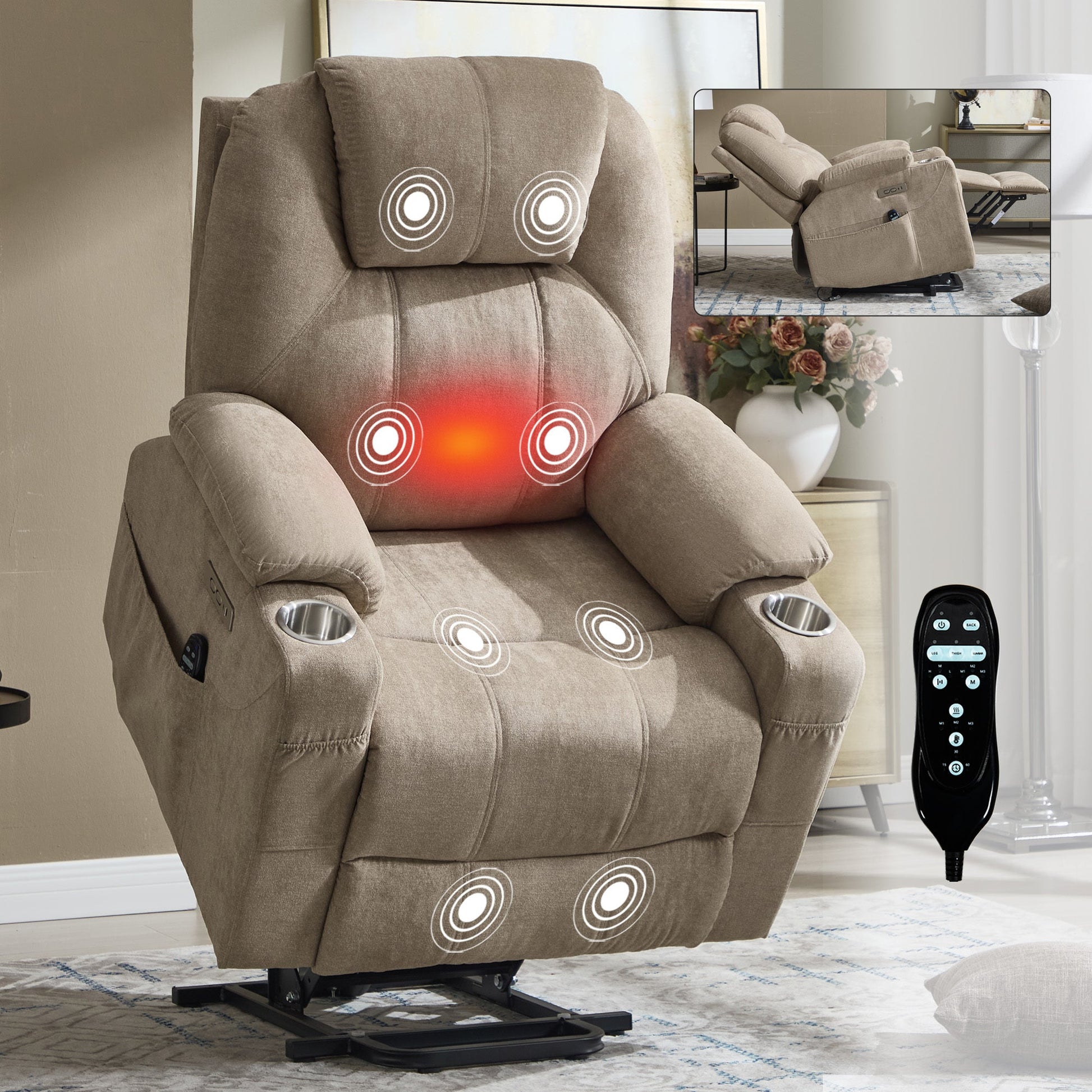 Up to 350 LBS polyester Power Lift Recliner Chair, Heavy Duty Motion Mechanism with 8 - Point Vibration Massage and Lumbar Heating, USB and Type - C Ports, Stainless Steel Cup Holders, Khaki - 1st Choice Furniture Direct
