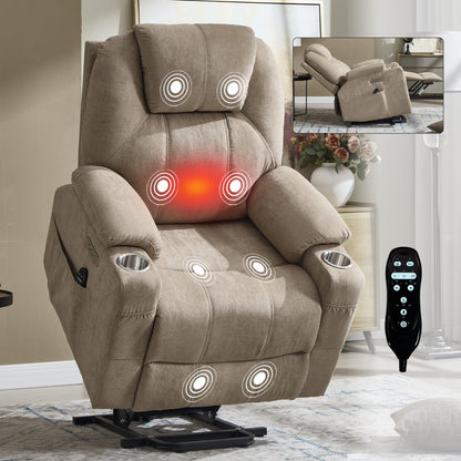 Up to 350 LBS polyester Power Lift Recliner Chair, Heavy Duty Motion Mechanism with 8 - Point Vibration Massage and Lumbar Heating, USB and Type - C Ports, Stainless Steel Cup Holders, Khaki - 1st Choice Furniture Direct