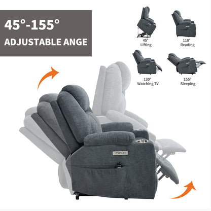 Up to 350 LBS polyester Power Lift Recliner Chair, Heavy Duty Motion Mechanism with 8 - Point Vibration Massage and Lumbar Heating, USB and Type - C Ports, Stainless Steel Cup Holders, Grey - 1st Choice Furniture Direct