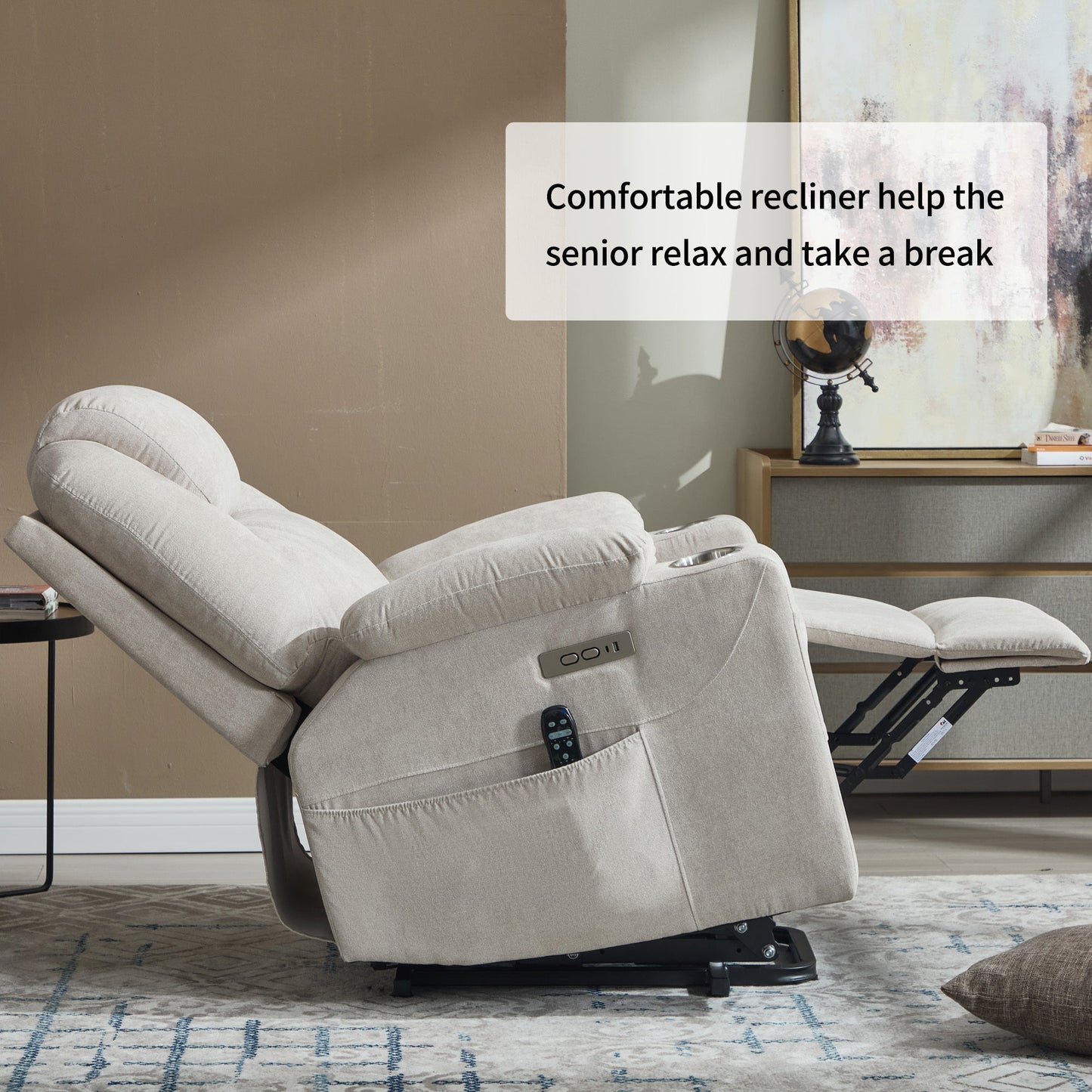 Up to 350 LBS polyester Power Lift Recliner Chair, Heavy Duty Motion Mechanism with 8 - Point Vibration Massage and Lumbar Heating, USB and Type - C Ports, Stainless Steel Cup Holders, Beige - 1st Choice Furniture Direct