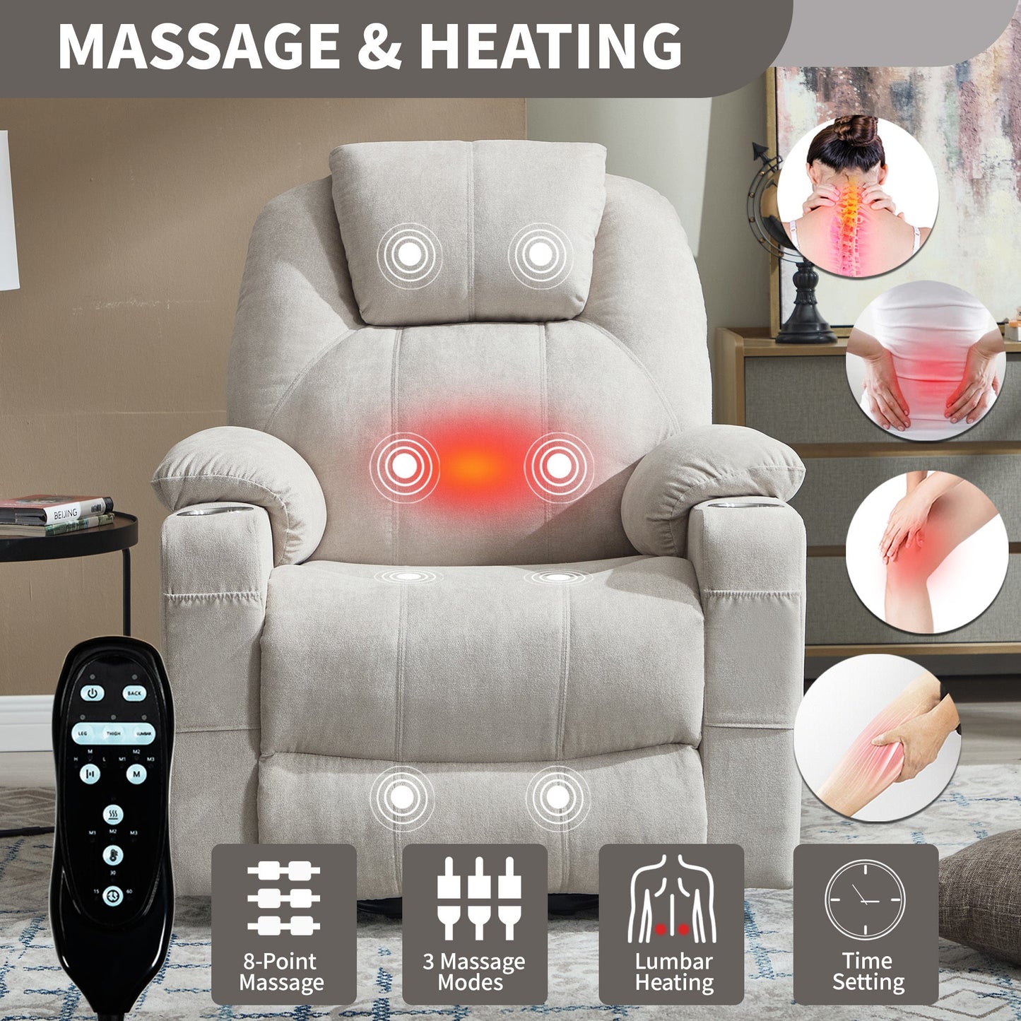 Up to 350 LBS polyester Power Lift Recliner Chair, Heavy Duty Motion Mechanism with 8 - Point Vibration Massage and Lumbar Heating, USB and Type - C Ports, Stainless Steel Cup Holders, Beige - 1st Choice Furniture Direct