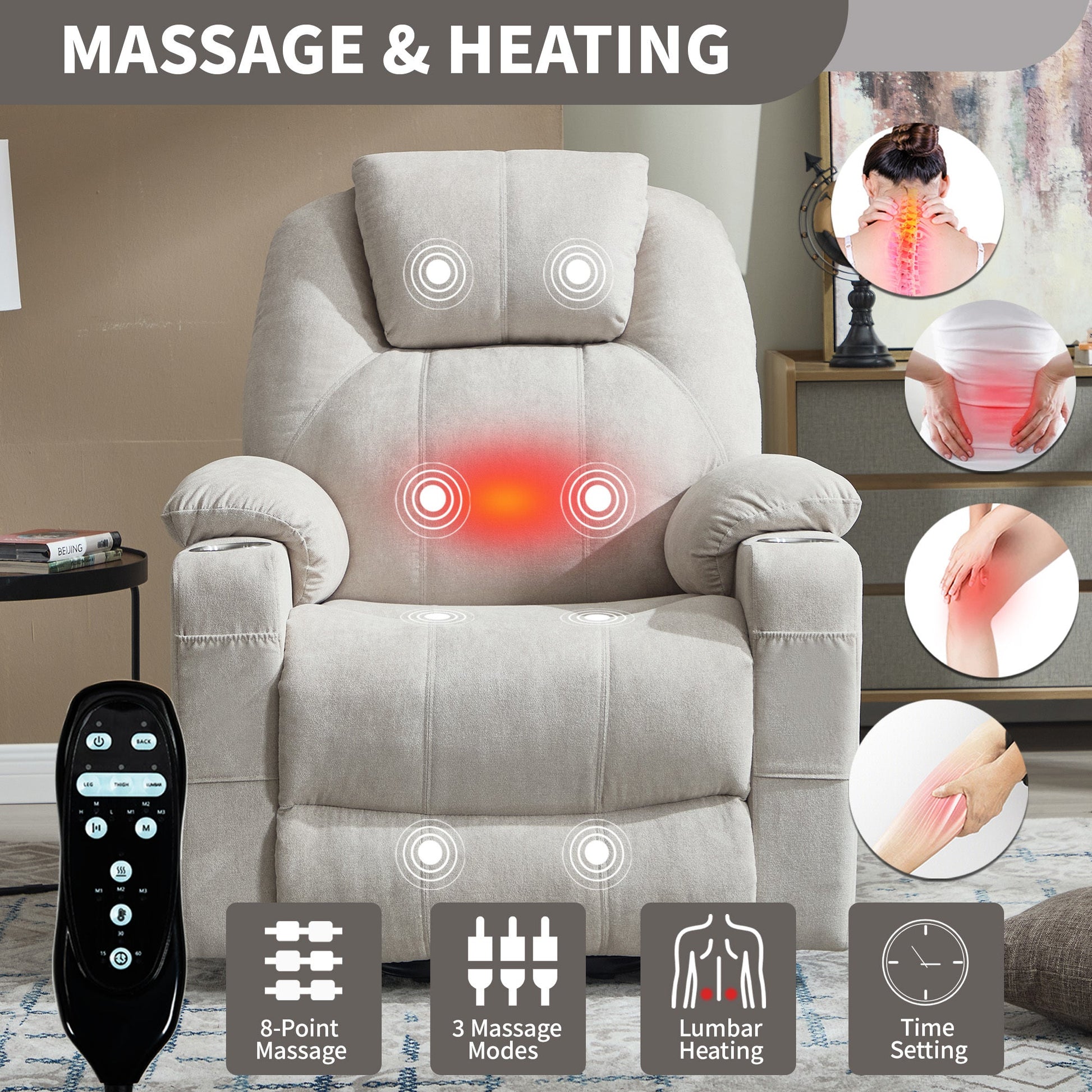 Up to 350 LBS polyester Power Lift Recliner Chair, Heavy Duty Motion Mechanism with 8 - Point Vibration Massage and Lumbar Heating, USB and Type - C Ports, Stainless Steel Cup Holders, Beige - 1st Choice Furniture Direct
